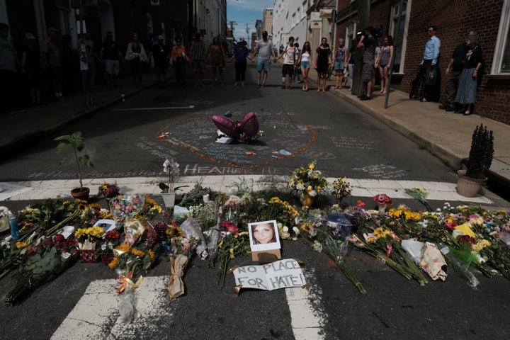 A makeshift memorial to Heather Heyer in Charlottesville, Virginia, on Aug. 13, 2017. Heyer was killed when a vehicle allegedly driven by a white supremacist mowed down pedestrians.