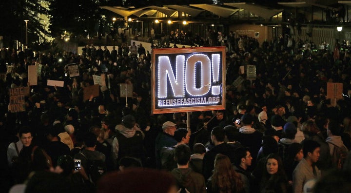 Protestors of former Breitbart News editor Milo Yiannopoulos seen in Sproul Plaza on the UC Berkeley campus on Feb. 1, 2017. 