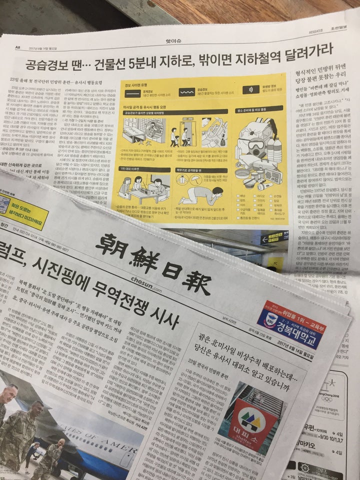 The front page of South Korea’s Chosun Ilbo on Monday includes an article on the city’s emergency bomb shelters.