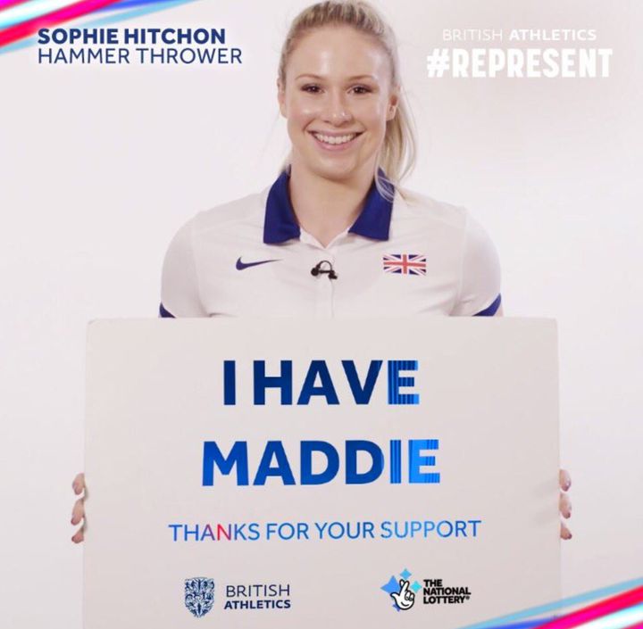 The National Lottery has apologised after a Twitter campaign it launched to thank the public for supporting British athletes was hijacked by trolls; the sign above features hammer thrower Sophie Hitchon that makes light of the disappearance of Madeleine Mccann