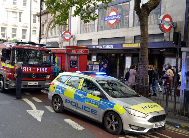 Emergency services outside a closed Holborn Underground station in London where engineers are checking a faulty train.