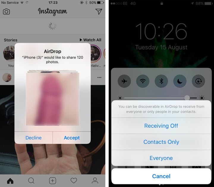 Left: A screen grab of an AirDrop request sent to a HuffPost UK journalist.Right: How to turn AirDrop off.