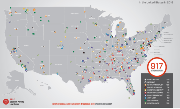 The Southern Poverty Law Center reports “explosive growth” in the number of hate groups in the United States. In 2016, it counted 917. One reason was Donald Trump’s campaign rhetoric, some of which appealed to hate groups and “to garden-variety racists, xenophobes, religious bigots and misogynists,” the SPLC says. 