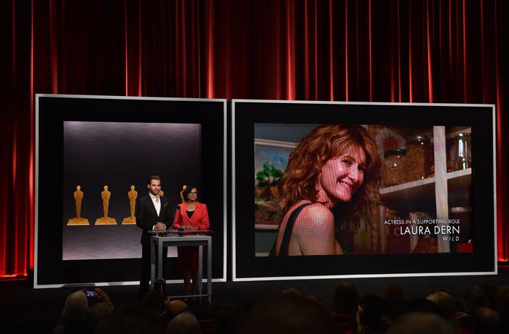 Actor Chris Pine and former Academy president Cheryl Boone Isaacs announce Laura Dern as a nominee for Best Actress in a Supporting Role in the film 'Wild' at the 87th Academy Awards Nominations Announcement at the AMPAS Samuel Goldwyn Theater on January 15, 2015. 