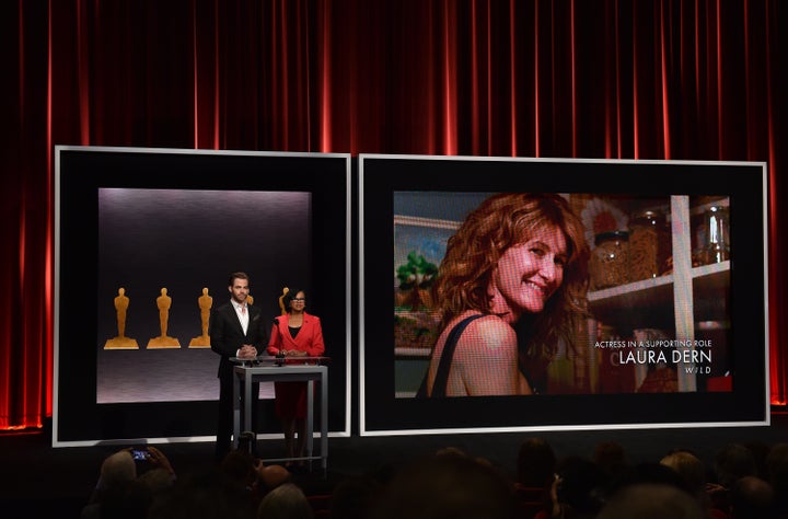 Actor Chris Pine and former Academy president Cheryl Boone Isaacs announce Laura Dern as a nominee for Best Actress in a Supp