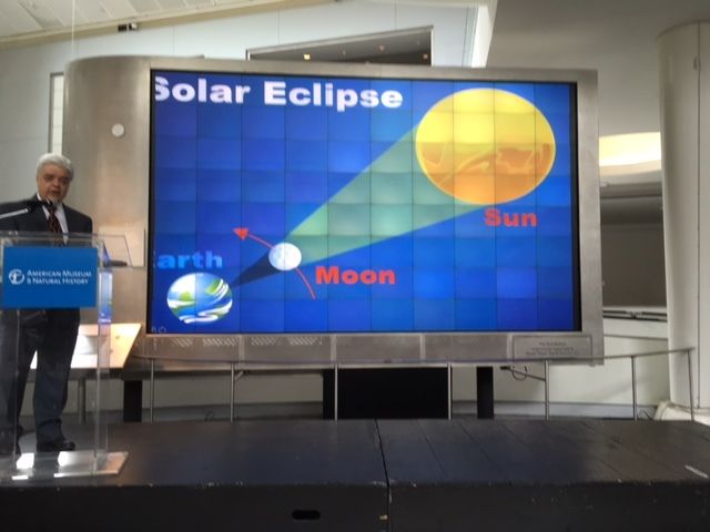 Joe Rao, Hayden Planetarium associate explains the line up of the Earth , moon and sun that makes a total eclipse posible