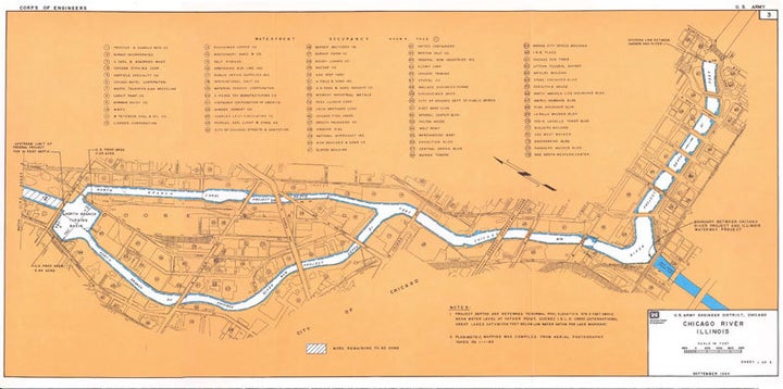 <p><em>US Army Corps of Engineers map of the Chicago River. Part of the larger Chicago Sanitary and Ship Canal.</em></p>
