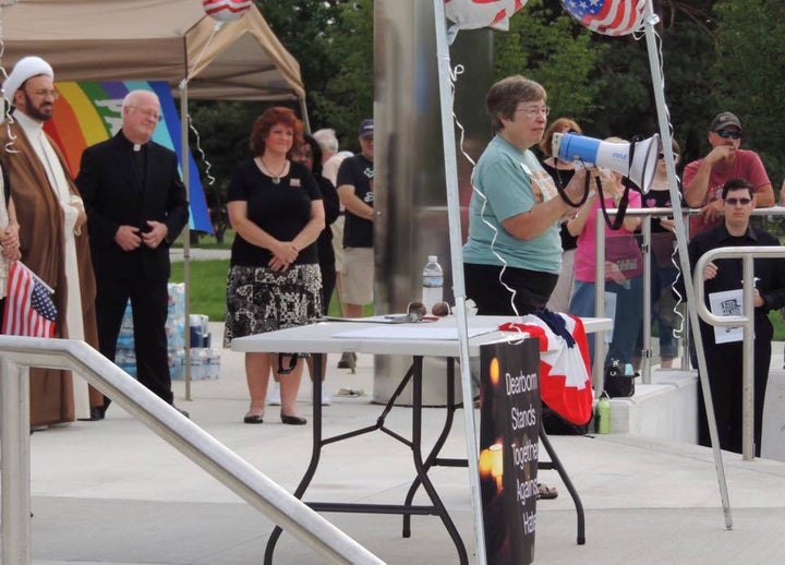 <p>Rev. Fran Hayes of the Littlefield Presbyterian Church speaks at the “Rally Against Hate” in Dearborn, Mich.</p>