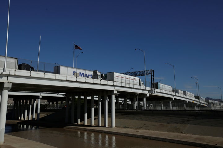 Trucks wait in the queue for border customs control to cross into U.S. at the Bridge of Americas in Ciudad Juarez, Mexico, Au