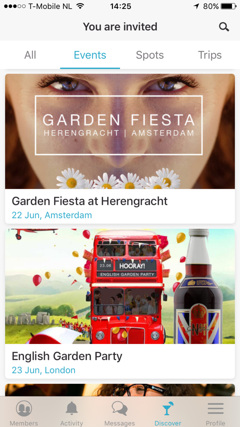 Users can see upcoming events in different cities.