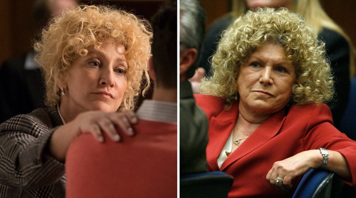 (Left) A still of Edie Falco playing Leslie Abramson. (Right) A photo of the real Leslie Abramson in court.