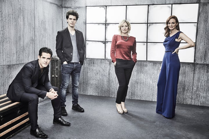 Edie Falco, Gus Halper, Miles Gaston Villanueva and Heather Graham, the stars of the new "Law & Order True Crime: Me