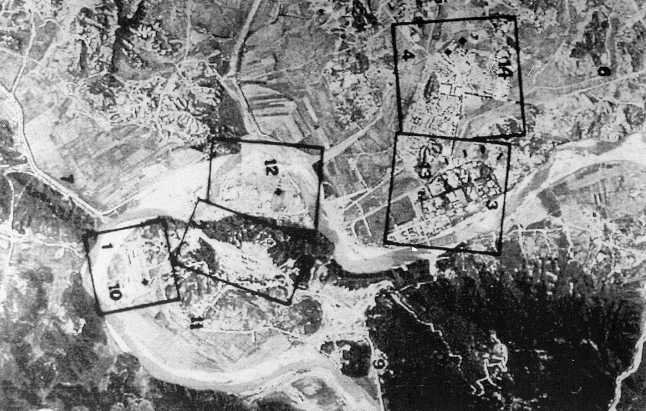 A French satellite image taken in March 1994 showing an aerial view of North Korea's Yongbyon nuclear complex. The box marked 01-10 is identified as a nuclear fuel reprocessing site. 