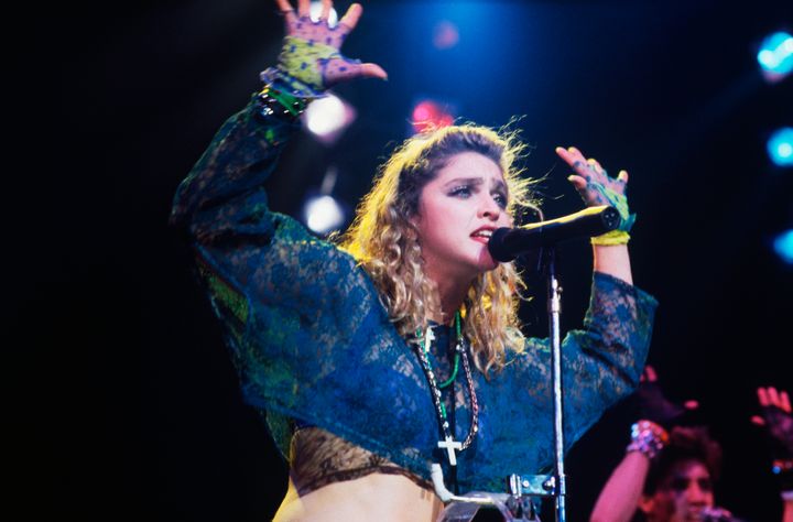 Madonna performs on the 1985 Virgin Tour.