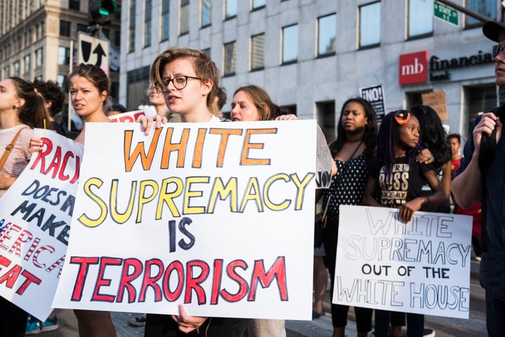 Demonstrators march toward Trump International Hotel and Tower in Chicago in solidarity with the victims of the recent racist violence in Charlottesville, Virginia. 