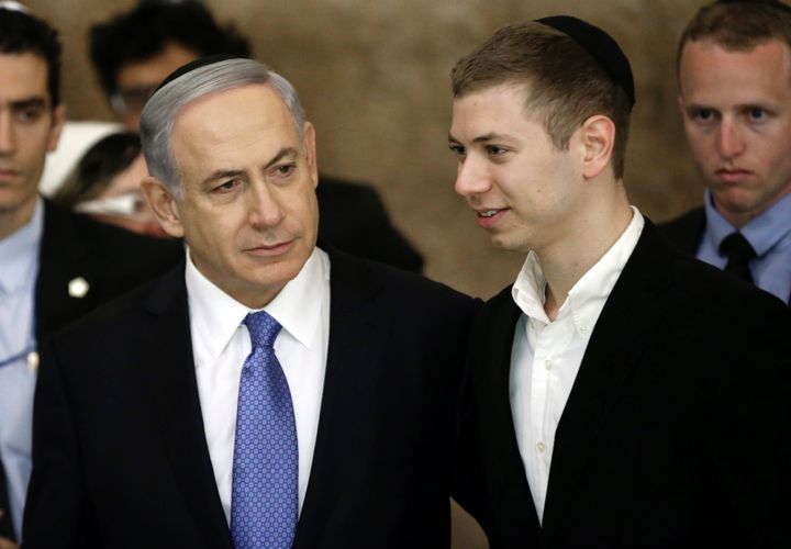 Israeli Prime Minister Benjamin Netanyahu (L) and his son Yair, on March 18, 2015.