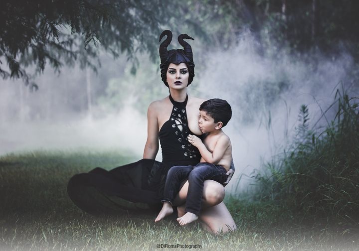Yaky Di Roma, a Venezuelan photographer, dressed as "Sleeping Beauty" villain Maleficent for a breastfeeding photo with her son, Hans.