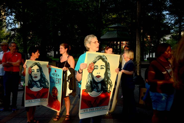 <p>Protesters gather at Linn Park in Birmingham - Alabama in response to what happened in Charlottesville.</p>