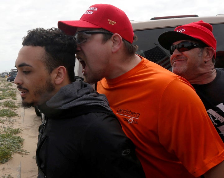 Pro-Trump protesters, with white supremacists and neo-Nazis among them, fought with counter-protesters in March 2017 in Huntington Beach, California.