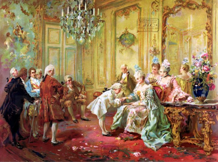 “The Presentation of the Young Mozart to Mme De Pompadour at Versailles in 1763.” Painting by Vicente De Paredes (color litho). 