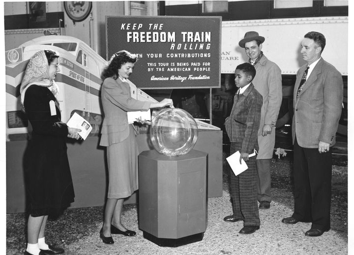 Photograph of Freedom Train donation box. Image courtesy National Archives, 1948. 