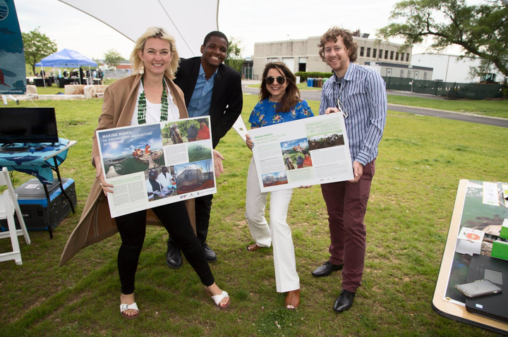 VR Pavilion at the 2017 World Ocean Festival on Governors Island in New York featuring Making Waves a film on aquaculture innovators in Tanzania. (L-R) Stephanie Kimber of DFATiXc, and Matt Scott, Davar Ardalan, and Ben Kreimer of SecondMuse.