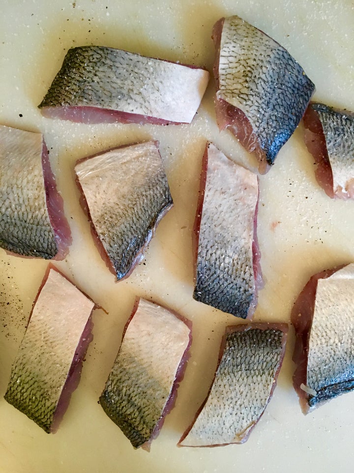 <p>The fish cut into portions. If you use sardines or small mackerel fillets, leave them whole</p>