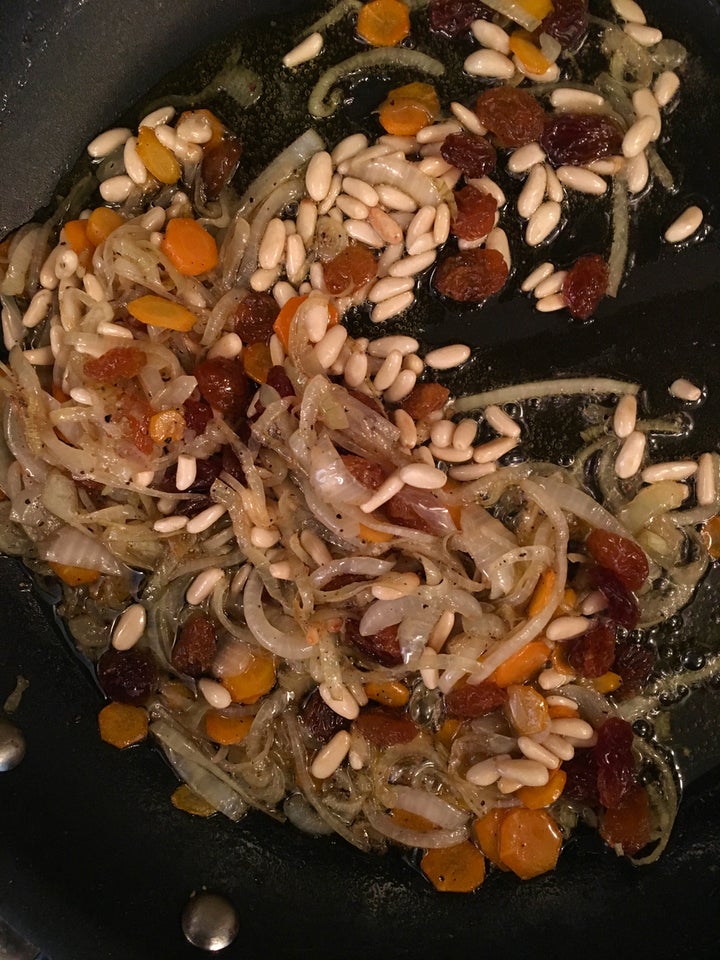 <p>Onions, pine nuts and raisins: use the same oil as the fish was fried in</p>