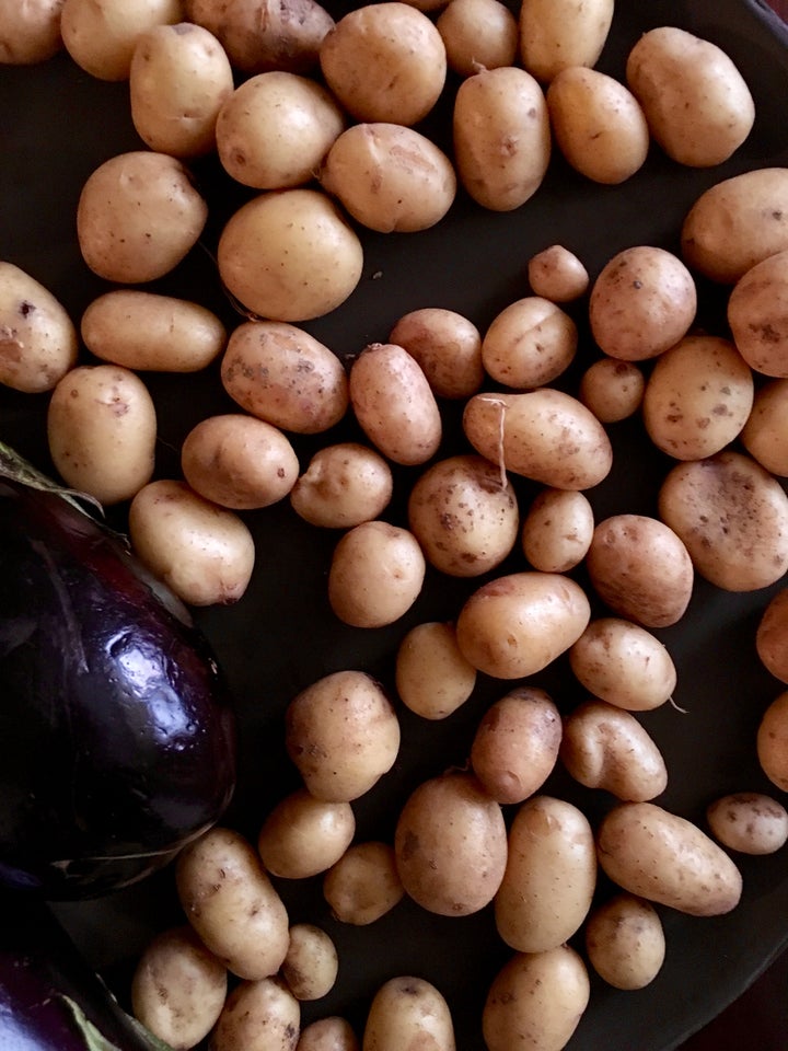<p>In a break with tradition, we served our fish with a little salad and these tiny, freshly harvested potatoes</p>