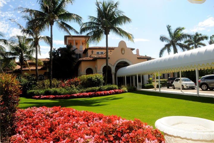 View, from the lawn, of the entrance to the ballroom on the Mar-a-Lago estate, Palm Beach, Florida.