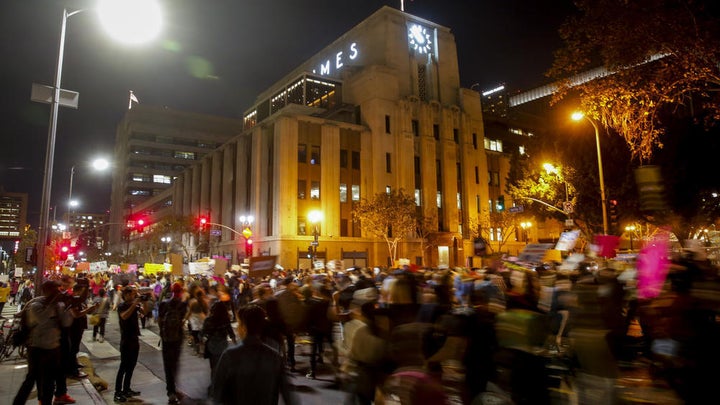 An estimated 3,000 people filled the streets of downtown Los Angeles on Friday night to protest the election of Donald Trump.