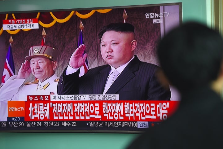 A news broadcast shows Kim Jong Un at a parade in Pyongyang on April 15.