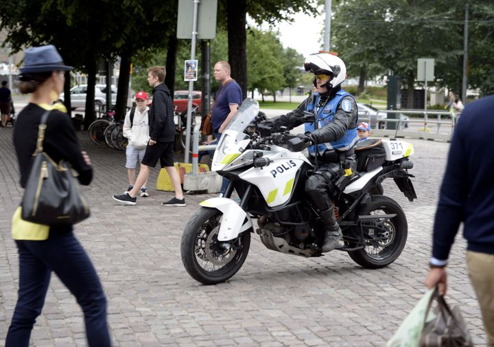 Finnish police patrols on motorbike after stabbings in Turku.