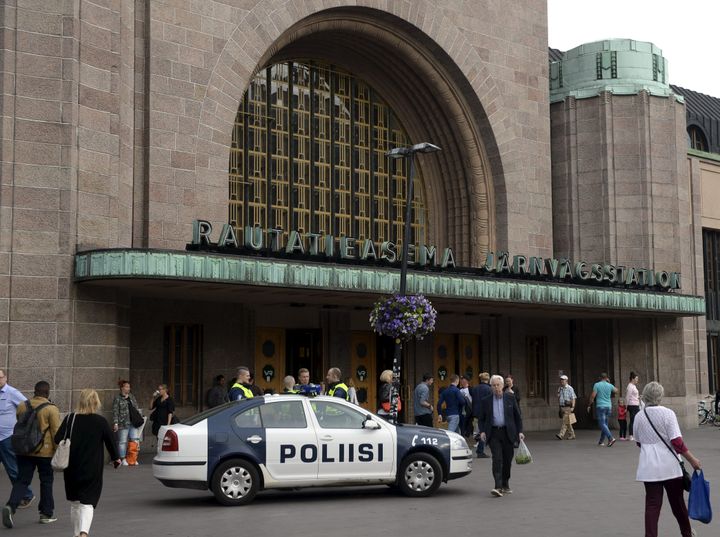 Finnish police patrols in front of the Central Railway Station in Helsinki, on August 18, 2017