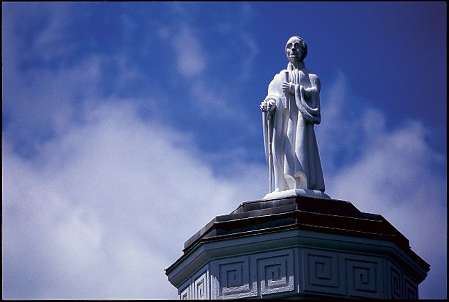 This statue of George Washington — called “Ol’ George” — sits atop Washington Hall on the Washington & Lee University campus 