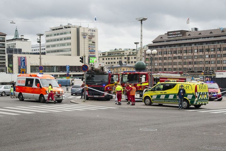 Rescue personnel have cordoned off the area at the Turku Market Square in the Finnish city of Turku where several people were stabbed on August 18, 2017