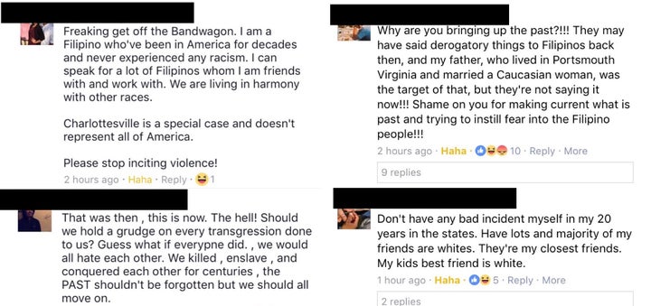 <p>Screenshots of some self-identified Filipino Americans to my Facebook posts</p>