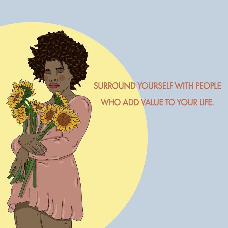 [a Black femme hold sunflowers in their arms, as the full moon/sun surrounds them. Text reads: “Surround yourself with p