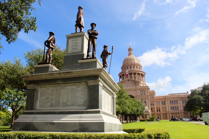 The Confederate Soldiers Monument was erected in 1903, in front of the main entrance to the Texas Capitol. 