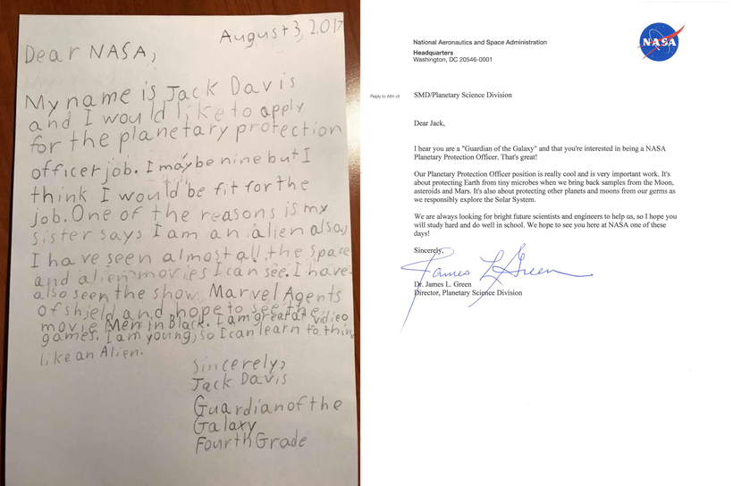 Young Jack Davis’ letter and NASA’s Dr. Green response.