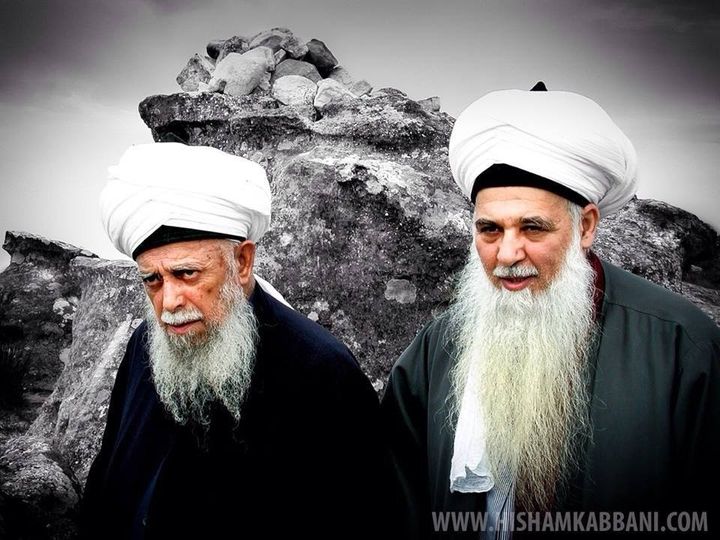 Their eminence Mawlana Shaykh Nazim Adil al-Haqqani (left) and his inheritor Mawlana Shaykh Hisham Qabbani (right).