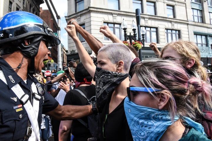 Thousands of demonstrators chanted anti-Nazi slogans at a protest against white nationalism in Boston on Saturday