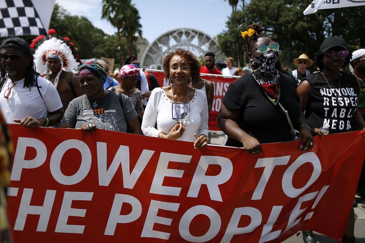 Protesters chanted “No Trump, no KKK, no fascist USA” at a demonstration in New Orleans