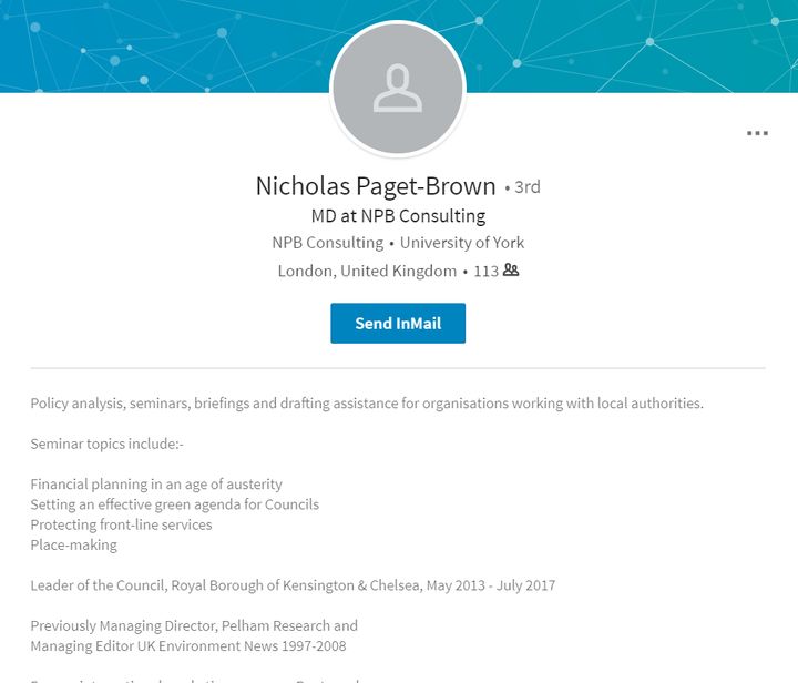 Nick Paget-Brown's Linkedin profile says his firm NPB Consulting offers councils help with "financial planning in an age of austerity"