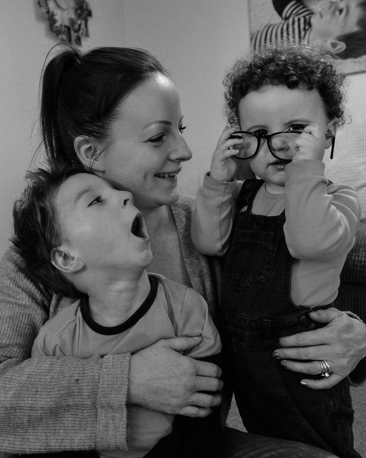 Caroline Thompson with Enzo, 4, and Luca, 2.