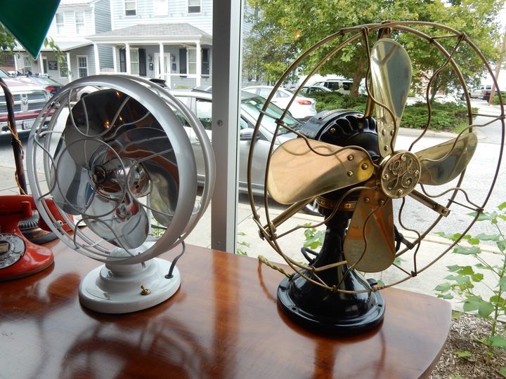 <p>Works of art: restored early 1900’s fans at Chestertown Electric MD</p>