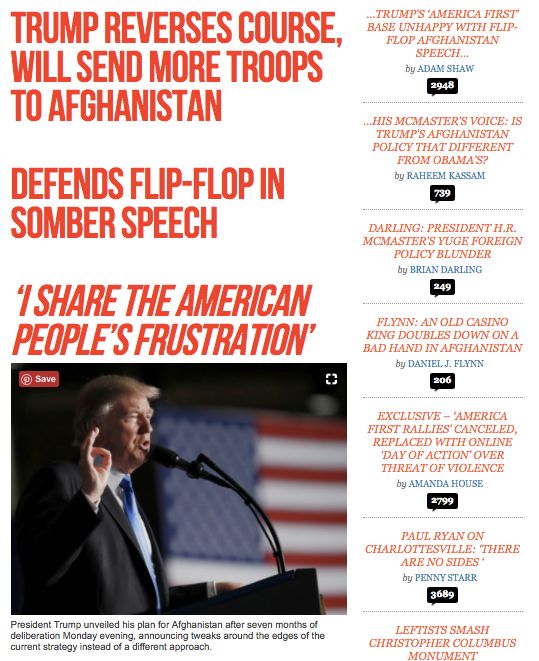 A screenshot of Breitbart News following Trump's Monday night speech on Afghanistan.