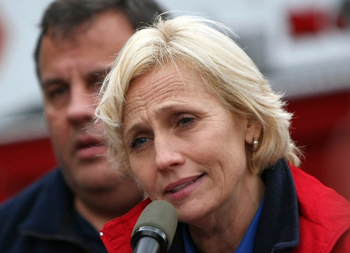 Gov. Chris Christie and Lt. Gov. Kim Guadagno hold a news conference after visiting residents and touring flood-damaged areas from Hurricane Sandy.