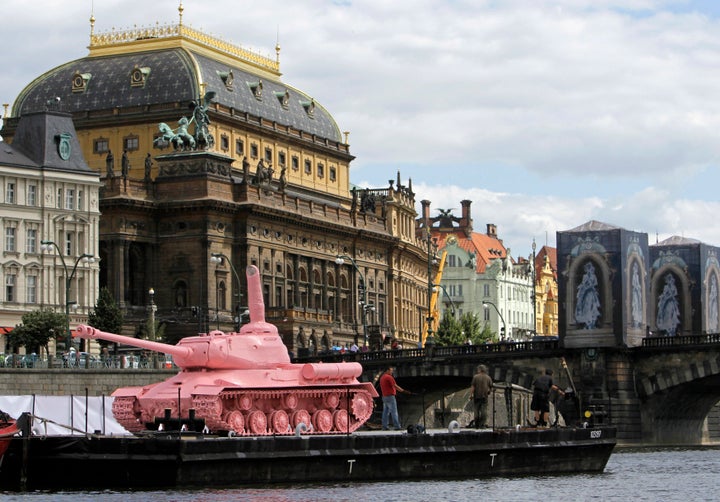 A pink Soviet World War II-era tank on display in front of the National Theatre in Prague on June 20, 2011, marking the 20th anniversary of Soviet troops' withdrawal from Czechoslovakia.