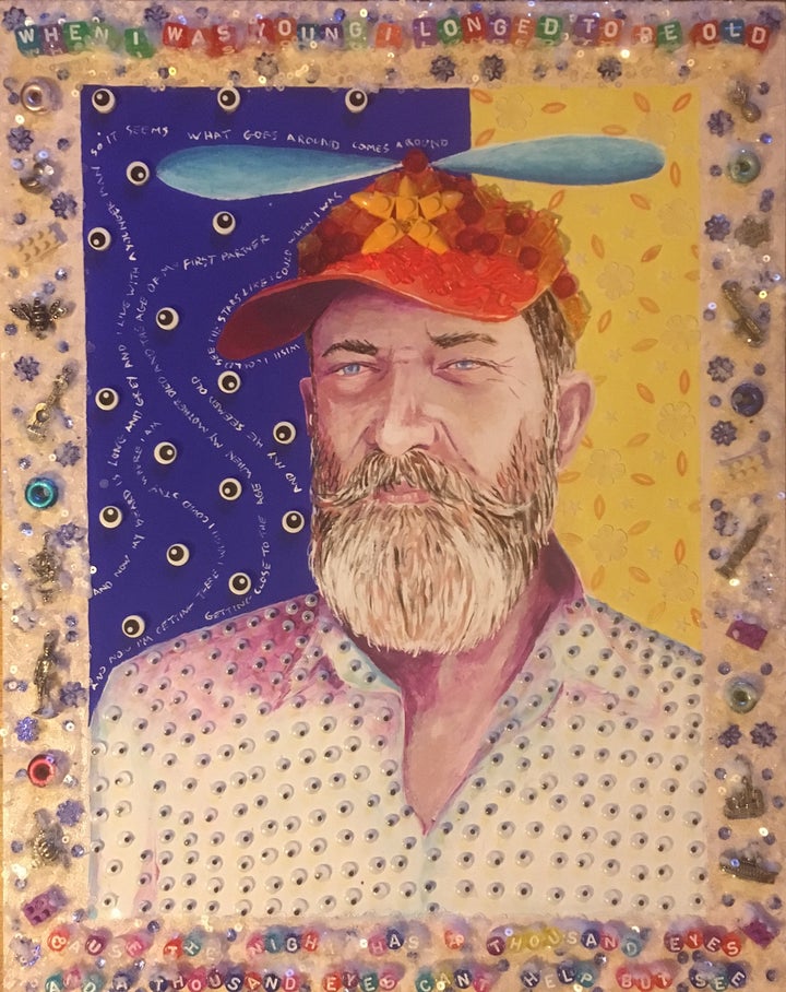 <p>Nicholas Moore, <em>Now I am Older</em> (2016), paint, Lego, sequins, charms, google eyes, alphabet beads, 14 x 11 inches</p>